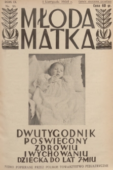 Młoda Matka : dwutygodnik poświęcony zdrowiu i wychowaniu dziecka do lat 7-miu : pismo popierane przez Polskie Towarzystwo Pedjatryczne. R.9, [1935], nr 21