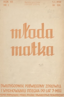 Młoda Matka : dwutygodnik poświęcony zdrowiu i wychowaniu dziecka do lat 7-miu : pismo popierane przez Polskie Towarzystwo Pedjatryczne. R.12, 1938, nr 1