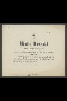 Minio Brzeski uczeń I. klasy gimnazyalnej [...], zasnął w Panu dnia 12. Listopada 1878 roku