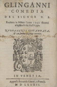 Gl'Inganni Comedia Del Signor N. S. : Recitata in Milano l'anno 1547. dinanzi alla Maesta del Re Filippo