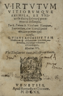 Virtvtvm Vitiorvmqve Exempla, Ex Vniuersæ diuinæ scripturę promptuario desumpta, / Per R. Patrem D. Nicolaum Hanapum, Patriarcham, olim Hierosolymitanum, iam primum typis exussa, Qvibvs Accessit Tam illustrium q[uam] obscurorum virorum, mulierumq[ue], Vtriusque testamenti Catalogus