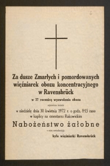 Za dusze Zmarłych i pomordowanych więźniarek obozu koncentracyjnego w Ravensbrück w 27 rocznicę wyzwolenia obozu
