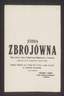 Józefa Zbrojówna [...] przeżywszy lat 30 zmarła dnia 6 czerwca 1953 r.