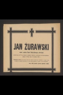 Jan Żurawski emer. sędzia Sądu Najwyższego, adwokat [...] zasnął w Panu dnia 3 września 1952 r.