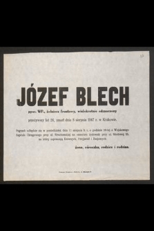 Józef Blech ppor. WP., żołnierz frontowy, wielokrotnie odznaczony przeżywszy lat 26, zmarł dnia 8 sierpnia 1947 r. w Krakowie [...]