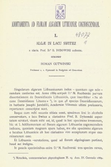 Additamenta ad floram algarum Lithuaniae cognoscendam. 1, Algae in Lacu Switez a claris. Prof. D.r B. Bybowski collectae