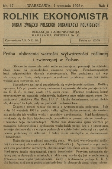 Rolnik Ekonomista : organ Związku Polskich Organizacyj Rolniczych. R.1, T.1, 1926, nr 17