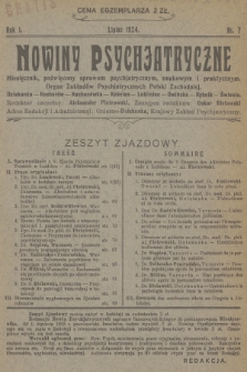 Nowiny Psychjatryczne : miesięcznik poświęcony sprawom psychjatrycznym naukowym i praktycznym : organ zakładów psychjatrycznych Polski Zachodniej : Dziekanka, Kocborów, Kochanówka, Kościan, Lubliniec, Owińska, Rybnik, Świecie. R.1, 1924, nr 7