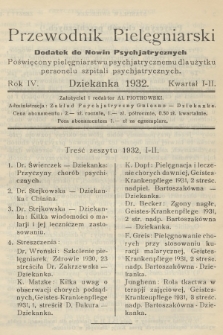 Przewodnik Pielęgniarski : dodatek do Nowin Psychjatrycznych, poświęcony pielęgniarstwu psychjatrycznemu dla użytku personelu szpitali psychjatrycznych. R.4, 1932, Zeszyt 1-2