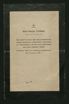Ś. p. Józef Marjan Takliński [...] zmarł dnia 27 czerwca 1922 roku [...]