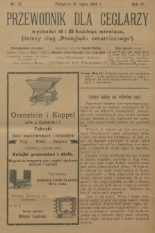 Przewodnik dla Ceglarzy : dalszy ciąg „Przeglądu ceramicznego”. R.4, 1904, nr 13