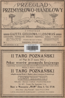 Przegląd Przemysłowo-Handlowy : czasopismo poświęcone sprawom przemysłu, handlu i finansów. R.2, 1922, № 1