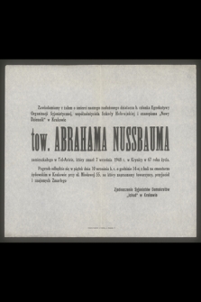 Zawiadamiamy z żalem o śmierci [...] tow. Abrahama Nussbauma zamieszkałego w Tel-Avivie, który zmarł 7 września 1948 r. w Krynicy [...]