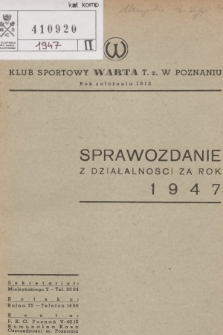 Sprawozdanie z Działalności za Rok 1947