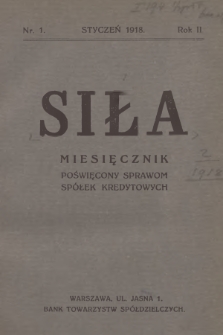 Siła : miesięcznik poświęcony sprawom spółek kredytowych. R.2, 1918, Spis rzeczy w „Sile” za 1918 r.