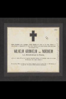 Maria Kronhelm geborne Serochky v Török Kanischa gibt in ihrem und ihrer Söhne […] der Rechte Namen Nachricht vor dem ausereist betrubenden ableben Ihres Gatten und beziehungweife Vaters Wilhelm Kronhelm von Nordheim k.k. Oberstlieutenants in Pension, welcher am 6 Februar 1865 […]