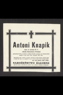 Antoni Knapik emer. st. sierżant W. P. członek Samopomocy Doraźnej [...] zasnął w Panu dnia 20-go listopada 1953 roku [...]