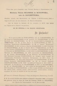 Vous êtes prié d'assister aux Convoi, Service et Enterrement de Madame Thècle SKARBEK de BOROWSKA, née de Jaroszynska, décédée, munie des Sacrements de l'Eglise [!], le 23 Novembre 1882, à l'âge de 57 ans, en som domicile, 16, Rue de Bruxelles