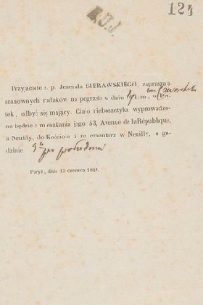 Przyjaciele ś. p. Jenerała Sierawskiego zapraszają szanownych rodaków na pogrzeb w dniu 15 b. m. w Piątek [...] : Paryż, dnia 13 czerwca 1849