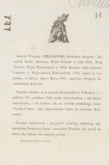 Jenerał Wojciech Chrzanowski [...], umarł na wygnaniu w Paryżu dnia 1 Marca 1861 [...]