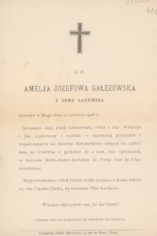 Ś. p. Amelja Józefowa Gałęzowska z domu Karpińska spoczęła w Bogu dnia 23 czerwca 1908 r.