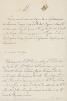 Vous êtes prié d'assister aux Convoi, Service et Enterrement de Monsieur François Xavier Schlenker, Négociant,décédé la 15 Mars 1871, à l'âge de 57 ans, à Nice, [...]