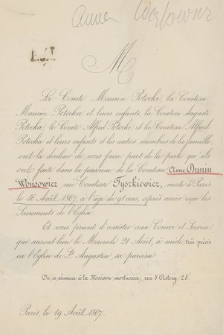 Le Compte Maurice Potocki, la Comtesse Maurice Potocka et leurs enfants, [...] ont la douleur de vous faire part de la perte qu'ils ont faite dans la personne de la Comtesse Anne Dunin Wonsowicz née Comtesse Tyszkiewicz, morte à Paris le 16 Août 1867, [...]