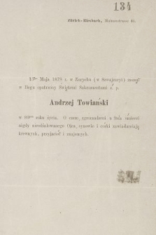 13go Maja 1878 r. w Zurychu (w Szwajcaryi) zasnął w Bogu [...] ś. p. Andrzej Towiański [...] : Zürich-Reisbach