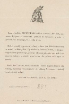 Anna z hrabiów Mycielskich hrabina Janowa Zamoyska [...], przeszła do wieczności w dniu 14 grudnia roku bieżącego [...] : Auteuil, dnia 15 Grudnia 1859 roku