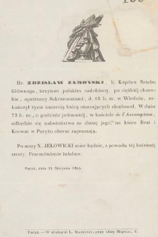 Hr. Zdzisław Zamoyski, b. Kapitan Sztabu Głównego [...] d. 13 b. m. w Wiedniu zakończył życie [...] : Paryż, dnia 21 Sierpnia 1855