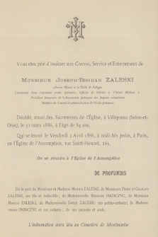 Vous êtes prié d'assister aux Convoi, Service et Enterrement de Monsieur Joseph-Bohdan Zaleski [...] décédé, muni des Sacrements de l'Église, à Villepreux (Seine-et-Oise), le 31 mars 1886 [...]