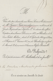 Vous êtes prié d'assister aux Convoi, Service et Enterrement de Mr Ignace Kieszwaradyn ancien militaire de la Garde-Impériale sous Napoléon Ier [...] décédé la 19 Septembre 1864 âgé de 76 ans, [...]