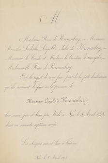 Madame Rose de Kronenberg; - Messieurs Stanislas, Ladislas, Léopold, Jules de Kronenberg; - [...] Ont le regret de vous foire part de la perte douloureuse qu'ils viennent de faire en la personne de Monsieur Léopold de Kronenberg, [...] décédé à Nice le 5 Avril 1878, [...]