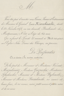 Vous êtes prié d'assister aux Convoi, Service et Enterrement de Monsieur le Général Louis Mieroslawski, décédé le 22 Novembre 1878, [...]