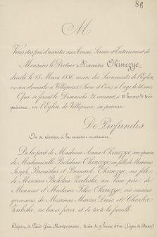 Vous êtes prié d'assister aux Convoi, Service et Enterrement de Monsieur le Docteur Alexandre Okinczyc, décédé le 18 Mars 1886, [...]