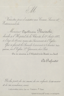 Vous êtes prié d'assister aux Convoi, Service et Enterrement de Monsieur Apollinaire Plucinski, décédé à l'Hôpital de la Charité le 1er Août 1883, à l'âge de 54 ans, [...]