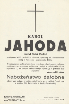 Karol Jahoda emeryt Wojsk Polskich [...] zasnął w Panu dnia 1 października 1953 r. [...]