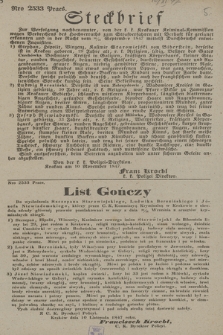 List gończy do wyśledzenia Szczepana Starowiejskiego, Ludwika Berezińskiego i Józefa Niewiadomskiego, którzy przez C. K. Kommissyą Kryminalną w Krakowie o zbrodnią zdrady głównej prawnie poszlakowani w nocy z dnia 20/21 Września z aresztów kryminalnych zbiegli [...] : Kraków dnia 10 Listopada 1847 roku = Steckbrief zur Verfolgung nachbenannter, von der k. k. Krakauer Kriminal Kommission wegen Verbrechens des Hochverraths zum Strafverfabren mit Verhaft für geeigneterkannten und in der Nacht vom 20/21 September 1847 mittelst Durchbruchs entwichenen Jnguisiten [...] : Krakau am 10 November 1847