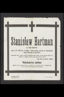 Stanisław Hartman st. radca skarbowy [...] zasnął w Panu dnia 21 maja 1946 r. [...]