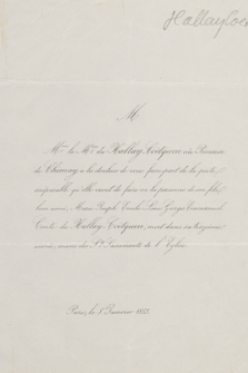 Marie Joseph Emile Louis Georges Emmanuel Conte du Hallay-Cöetquen, mort dans sa treizième année [...] Paris, le 8 Janvier 1853