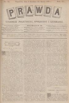 Prawda : tygodnik polityczny, społeczny i literacki. R.15, 1895, nr 14