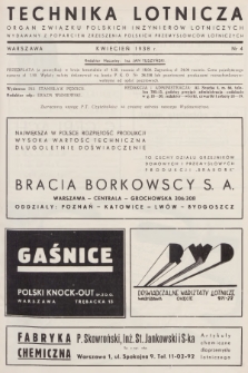 Technika Lotnicza : organ Związku Polskich Inżynierów Lotniczych : wydawany z poparciem Zrzeszenia Polskich Przemysłowców Lotniczych. R.1, 1938, nr 4