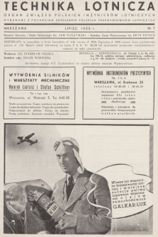 Technika Lotnicza : organ Związku Polskich Inżynierów Lotniczych : wydawany z poparciem Zrzeszenia Polskich Przemysłowców Lotniczych. R.1, 1938, nr 7
