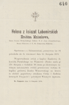 Helena z książąt Lubomirskich hrabina Mniszkowa [...] przeniosła się do wieczności dnia 14. sierpnia 1876 [...] : we Wranowie dnia 14 sierpnia 1876