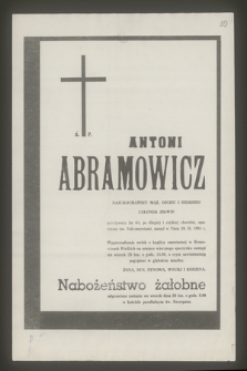 Ś. P. Antoni Abramowicz najukochańszy mąż, ojciec i dziadzio członek ZBoWiD [...] zasnął w Panu 20 II.1984 r.