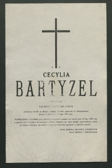 Ś. P. Cecylia Bartyzel aktorka [...] zasneła w Panu dnia 13 lipca 1989 roku […]