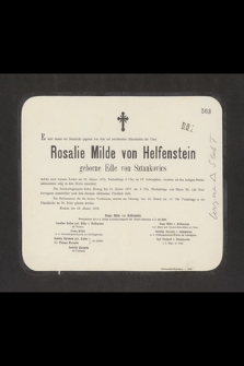 Es wird hiemit die Nachricht gegeben von dem tief betrübenden Hinscheiden der frau Rosalie Milde von Helfenstein geborne Elde von Sztankovics [...] am 23. Jänner 1875 [...] selig in dem Herrn entschlief [...] : Krakau den 23. Jänner 1875