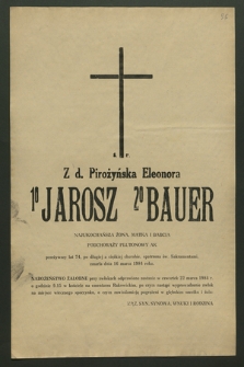 Z d. Pirożyńska Eleonora 1o Jarosz 2o Bauer […] zmarła dnia 16 marca 1984 roku […]