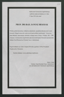 Społeczność Uniwersytetu Jagiellońskiego z głębokim żalem zawiadamia, że w dniu 25 lipca 2014 roku zmarł Prof. Dr hab. Janusz Beksiak, wybitny polski ekonomista, wykładowca akademicki […]