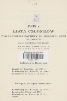 Lista Członków Towarzystwa Zachęty do Hodowli Koni w Polsce. 1935